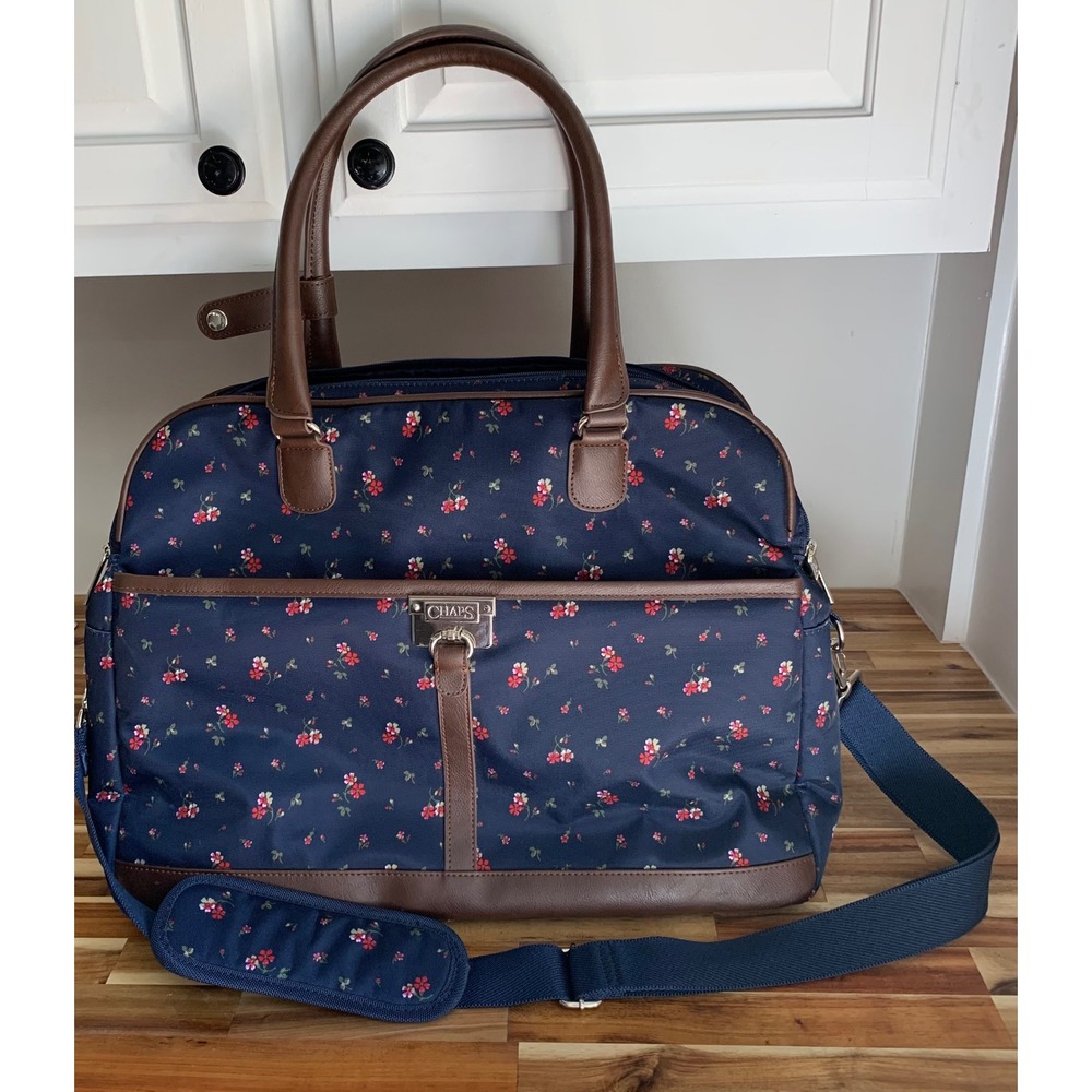Chaps Floral Weekender Bag Navy Duffle Travel Tote Vintage Retro Cottagecore